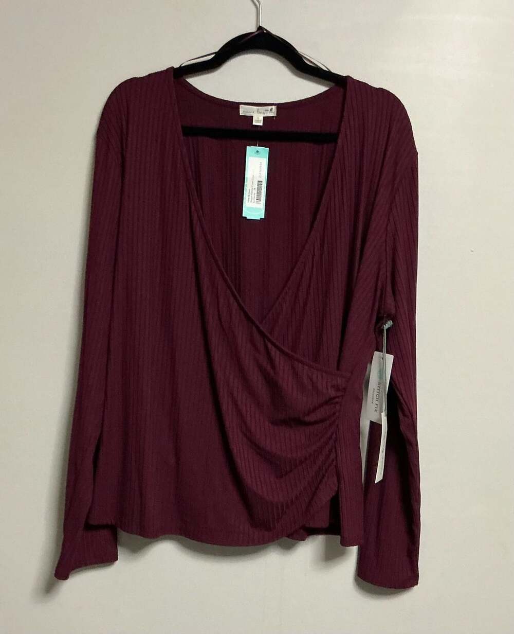 Nine Britton Wrap Top Size 2X Burgundy Rib Knit Long Sleeve